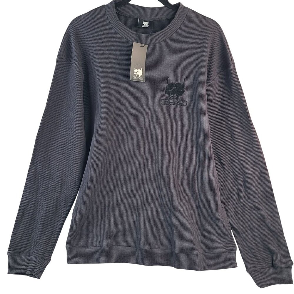 G59 Waffle Knit Long Sleeve Crewneck Sweatshirt Skull Logo Gray Cotton Mens Sz M